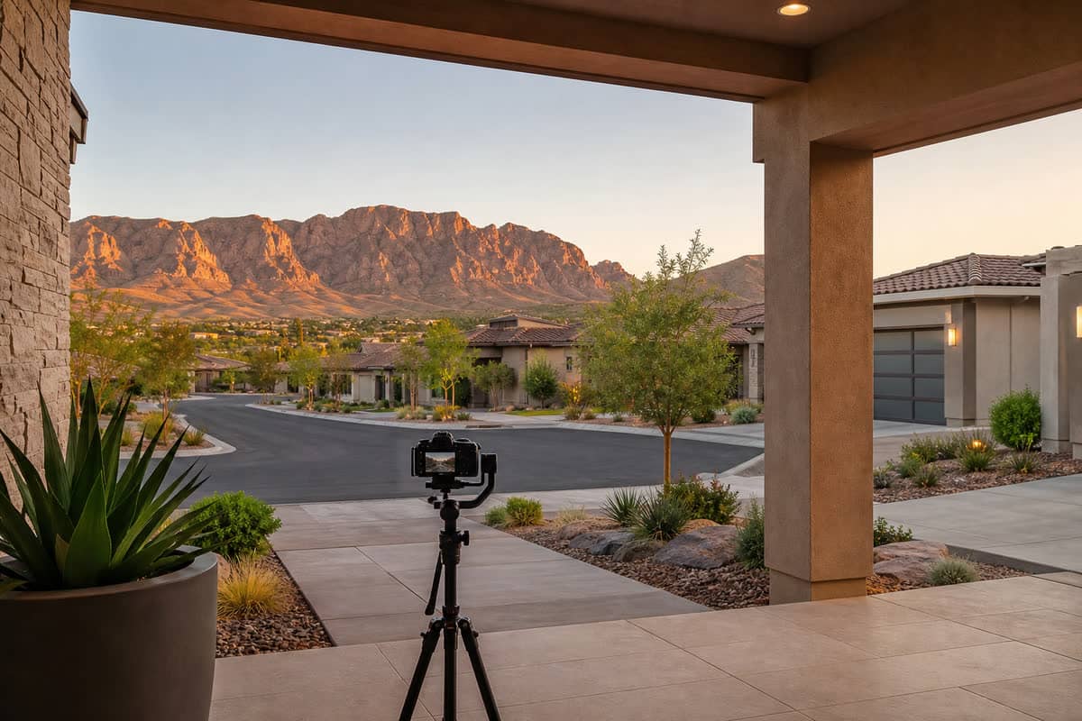 Camera on a tripod filming a single-level Summerlin street from a covered porch at golden hour.