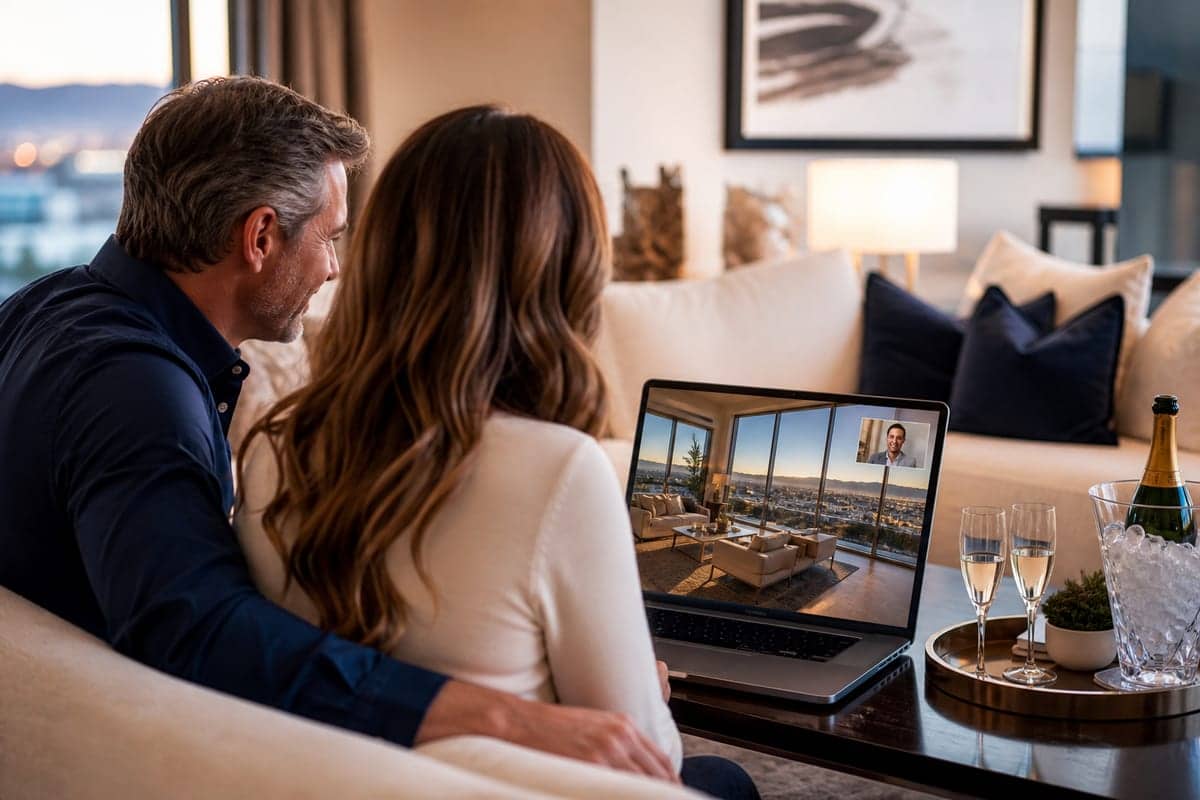 Two adults on a sofa watching a live Zoom walkthrough of a Las Vegas living room on a laptop.
