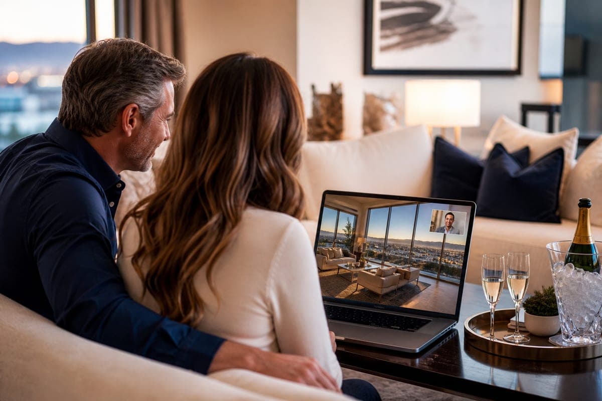 Two adults on a sofa watching a live Zoom walkthrough of a Las Vegas living room on a laptop.