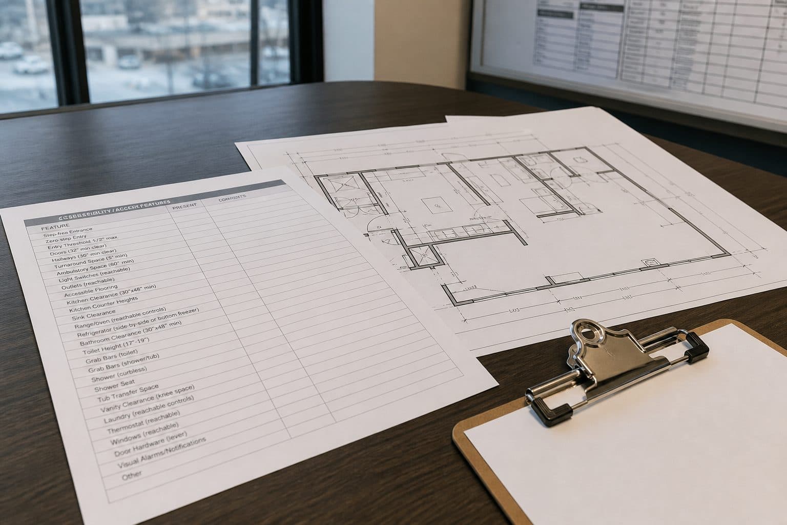Printed feature checklist, floor plan, and clipboard on a desk. No listing grid.