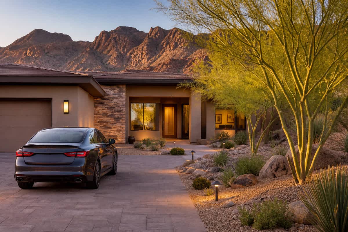 Car in the driveway of a single-level Las Vegas home at golden hour — an in-person visit after the Zoom tours.