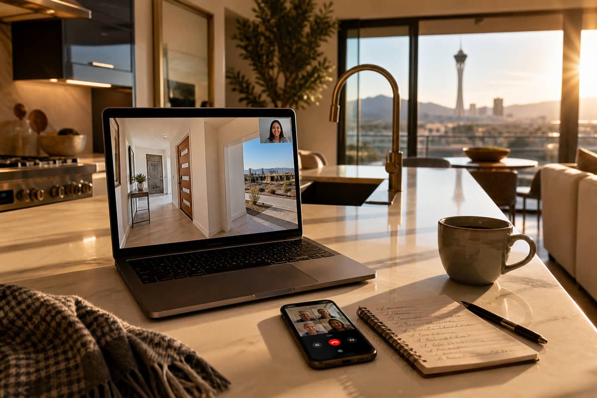 Laptop on a Las Vegas kitchen island showing a live Zoom walkthrough of a home hallway, with a phone beside it ready for the call.