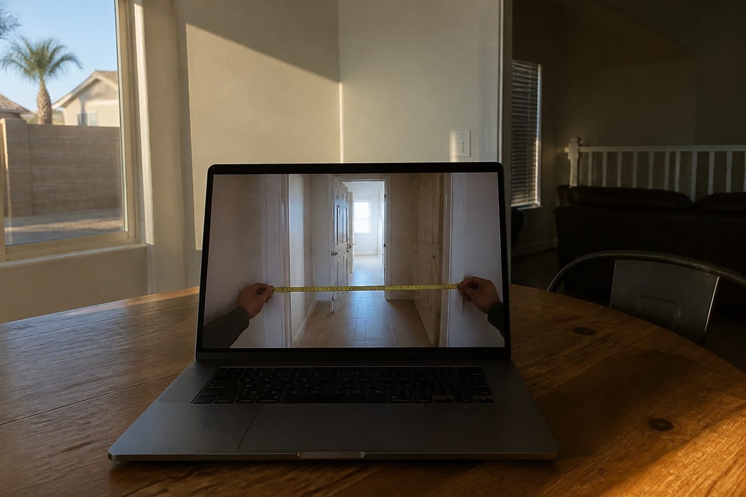 Laptop on a table playing a video walkthrough of a Las Vegas hallway, with a tape measure paused on a doorway in the frame.