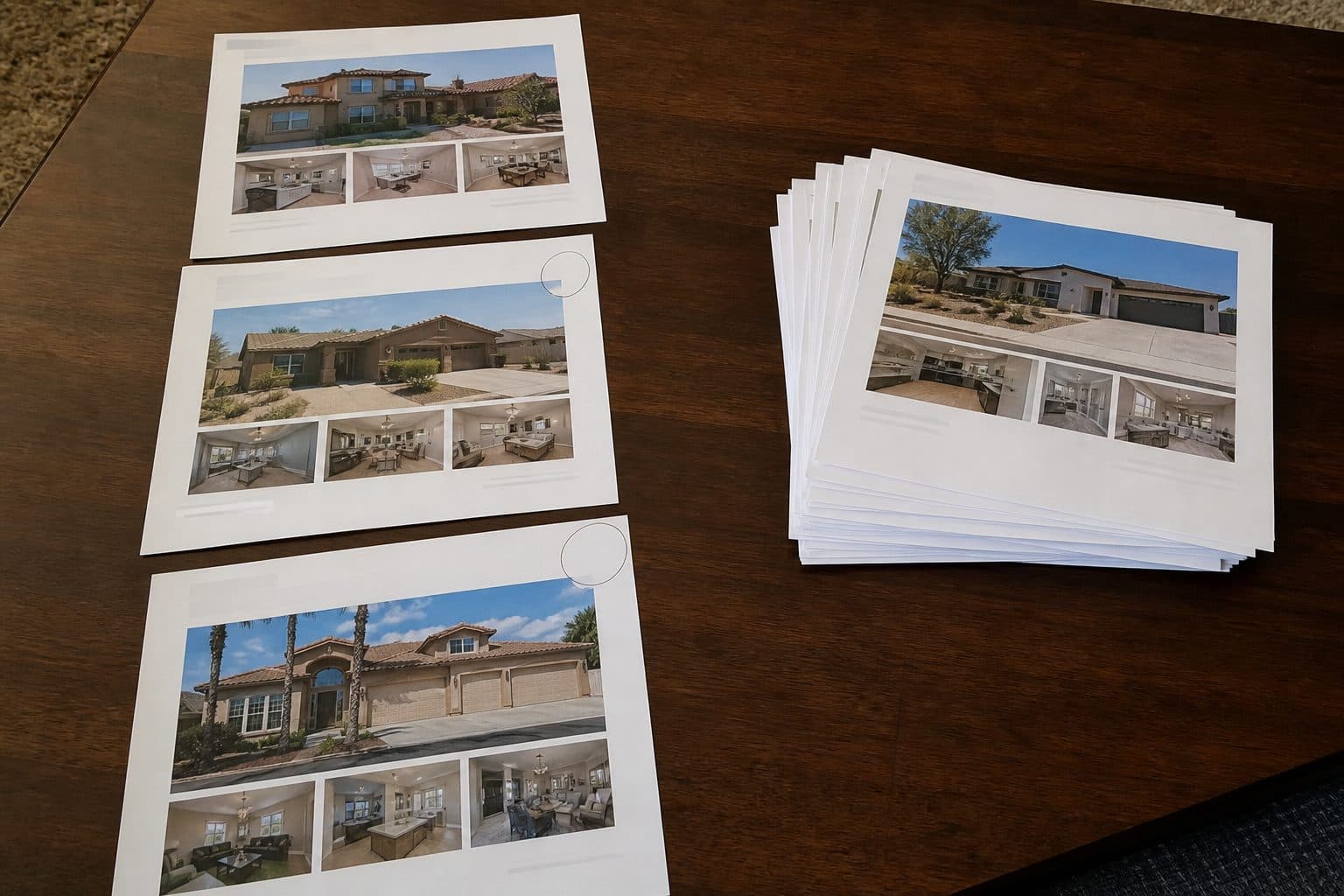 Three printed listing sheets on a table; two marked keep, the rest in a discard stack.
