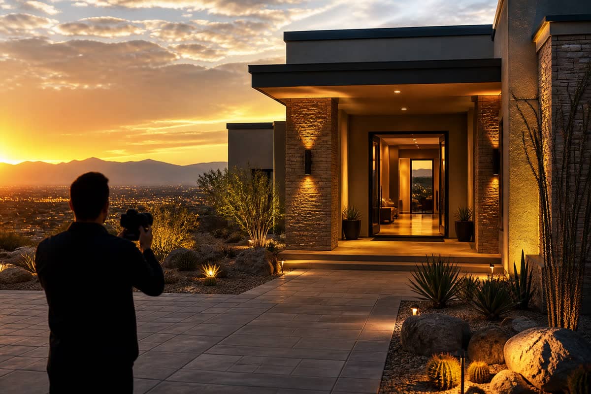 Photographer filming a luxury single-level Las Vegas home at sunset for a remote video tour.